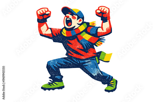 Energetic soccer fan with scarf and fists raised, in motion