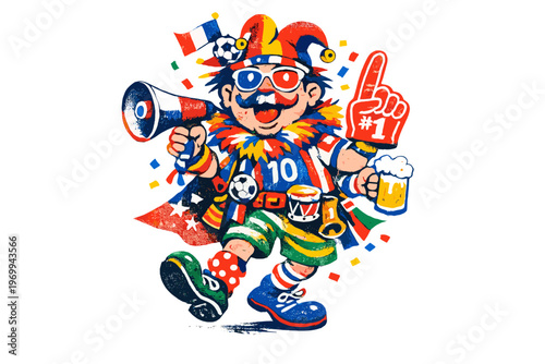 Enthusiastic soccer fan with painted mustache and costume cheers