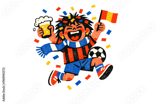 Cheering soccer fan with beer and flag, celebrating victory with confetti