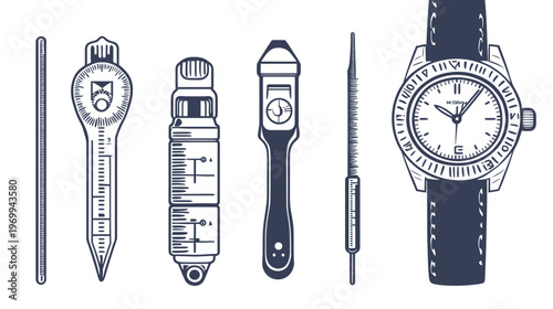 Stylized illustration featuring a watch, gauges, and measurement tools rendered in a minimalist style