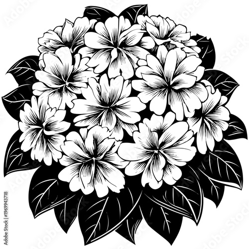 A monochrome illustration of a collection of flowers, leaves and petals in a round composition