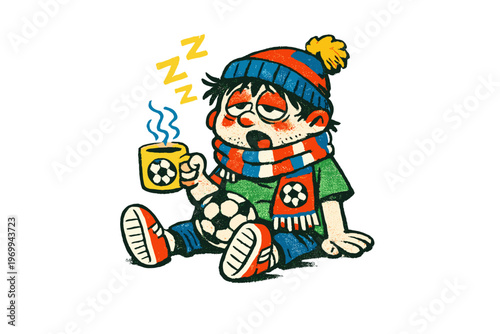 Tired soccer fan with coffee cup and scarf watching game