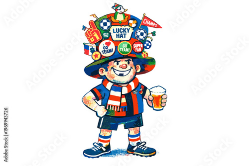 Happy soccer fan wearing a lucky hat with beer