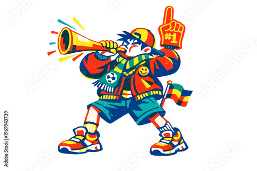 Soccer fan in streetwear blowing vuvuzela with #1 foam finger