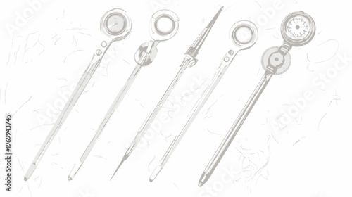 Stylized, grayscale illustration of five scientific instruments laid diagonally across a textured surface