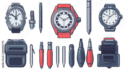 Illustration featuring various items watches, pens, and technical tools. Vector, flat style, white background