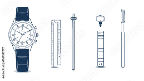 A collection of simple line drawings including a watch, a ruler, a pipette, a key, and a fork