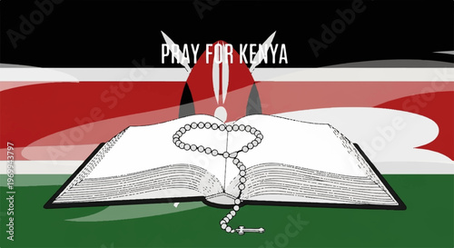 Open Bible with rosary beads on textured Kenyan flag background for Pray for Kenya religious solidarity and national support digital illustration concept