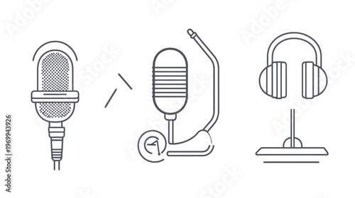 Monochrome line art of audio equipment microphone and headphones, set against white background
