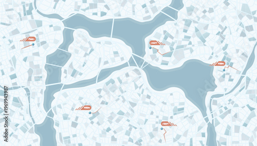 Light blue city map with orange car icons indicating taxi or delivery locations.