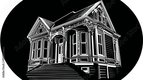 A detailed white outline illustration of an old Victorian house on a dark background