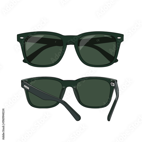 Vector Illustration of Classic Dark Green Sunglasses Front and Back View