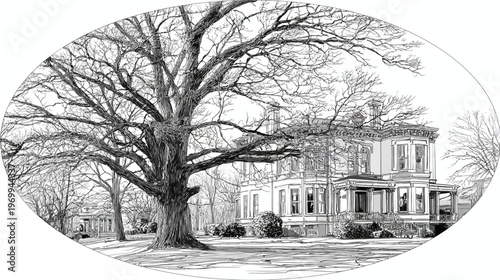 Black and white illustration of a large tree next to an old house, within an oval frame