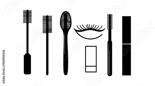 A black and white illustration of makeup tools, including mascara wands and eye makeup