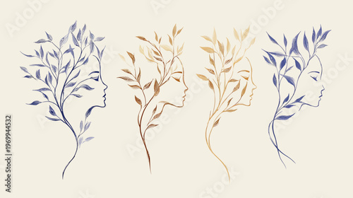 Four elegant profiles with leaf-like hair, in muted tones, watercolor style, against cream background