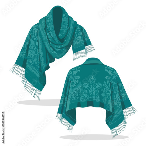 Teal Floral Patterned Shawl and Cape Wrap Vector Illustration