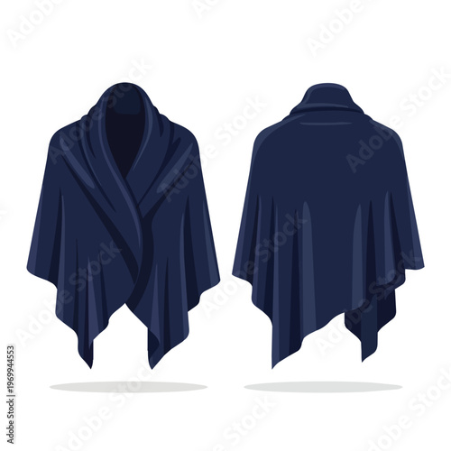 Dark Blue Poncho Cape Front and Back View Vector Illustration