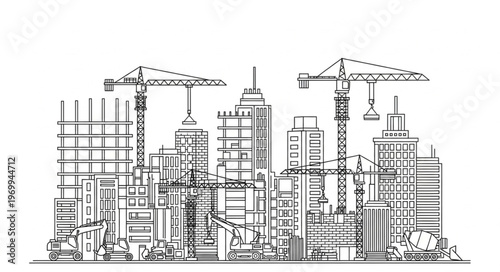 Construction site with cranes and buildings in progress, urban development concept.
