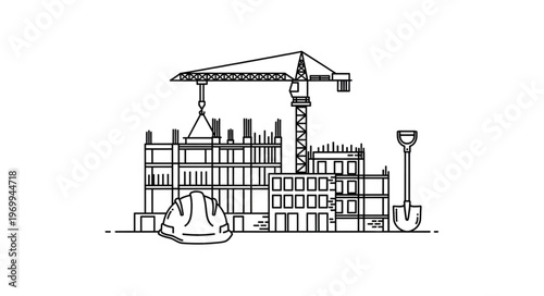 Construction site with crane, buildings, and essential equipment for building.
