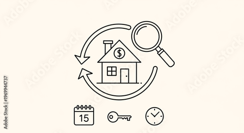 Real estate investment concept with house, magnifying glass, and key.
