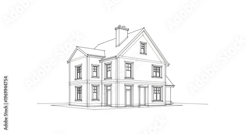 Detailed architectural sketch of a classic two-story house with a chimney and windows.