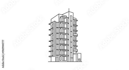 Architectural sketch of a modern high-rise building with multiple floors and balconies.