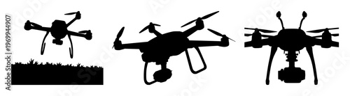 Autonomous agricultural drone set with solid black silhouette and multi-spectral sensor array featuring precision farming, crop monitoring, drone technology with illustration and vector graphics