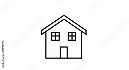 Simple house illustration featuring a gable roof, windows, and a door, minimalist design.