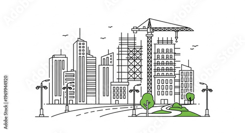 Construction site with buildings and a crane, urban development concept.