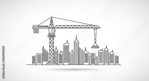 Construction site sketch featuring a crane and city buildings under development.