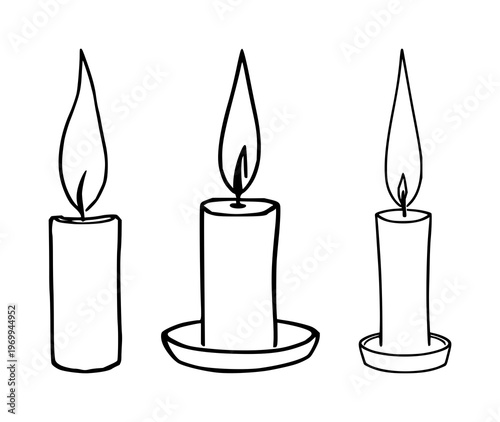 Burning fire candle set with continuous one line drawing featuring minimalism, glowing flame, warm light with melted wax and wick element