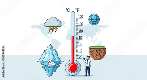 Climate Change Concept with Thermometer and Polar Bear on Iceberg