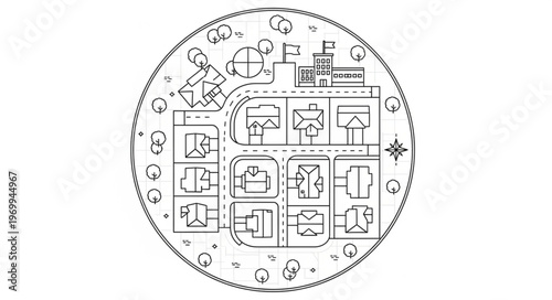 Detailed architectural blueprint of a circular building with various rooms and structures, intricate design.