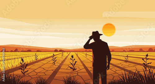 Farmer standing in dry cracked earth field at sunset