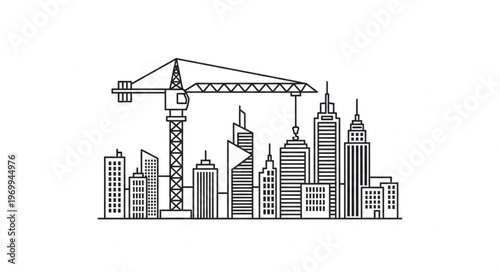 Construction site with crane and buildings, urban development concept, line art.