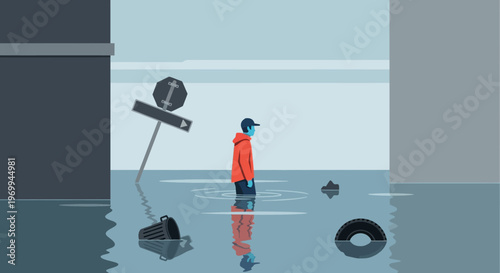 Flooded city street with person standing in water