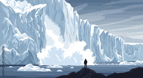 Iceberg silhouette man standing on rock formation