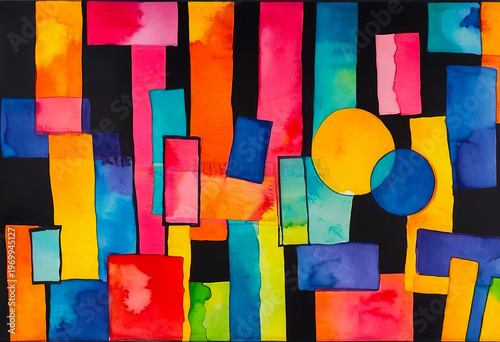 Bright multicolored rectangles and circles pattern on black background