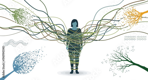 Person entangled in colorful abstract lines and shapes