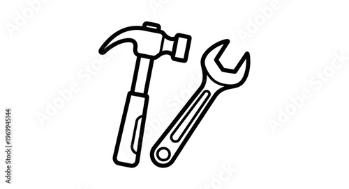 Hammer and wrench tools, essential for construction and repair work, black and white.