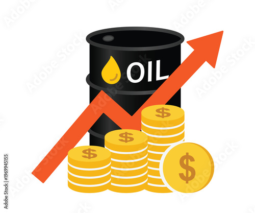 Rising oil price concept with barrel, upward arrow, and dollar coins representing fuel cost increase, global  market growth and economic impact. Transparent PNG and vector