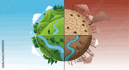 Earth divided into four sections showing environmental contrast