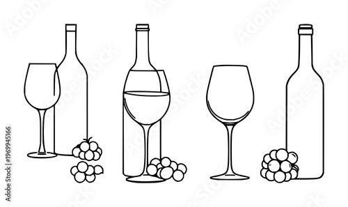 Wine bottle and glass set with single continuous thin line art design featuring grapes, stemware, drinkware with minimalism and elegance