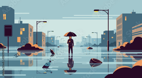 Flooded city street with person under umbrella