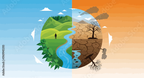 Earth climate change concept with green and dry landscapes
