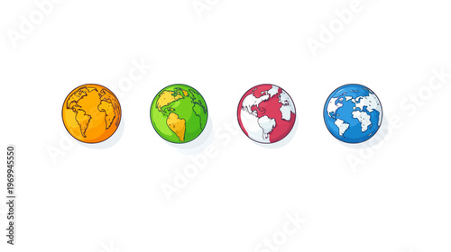 Four stylized globes in orange, green, red, and blue, each with landmass detail