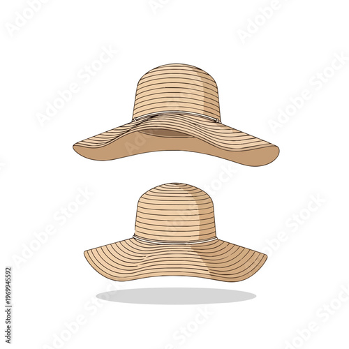 Set of Two Straw Sun Hats Isolated on White Background