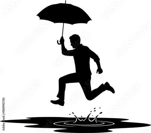 Silhouette of a man jumping over a puddle with an umbrella