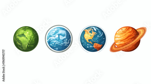 Colorful illustrations of celestial bodies including a green planet, ocean planet, Earth, and Saturn