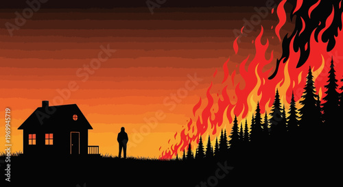 wildfire approaching house with person standing outside